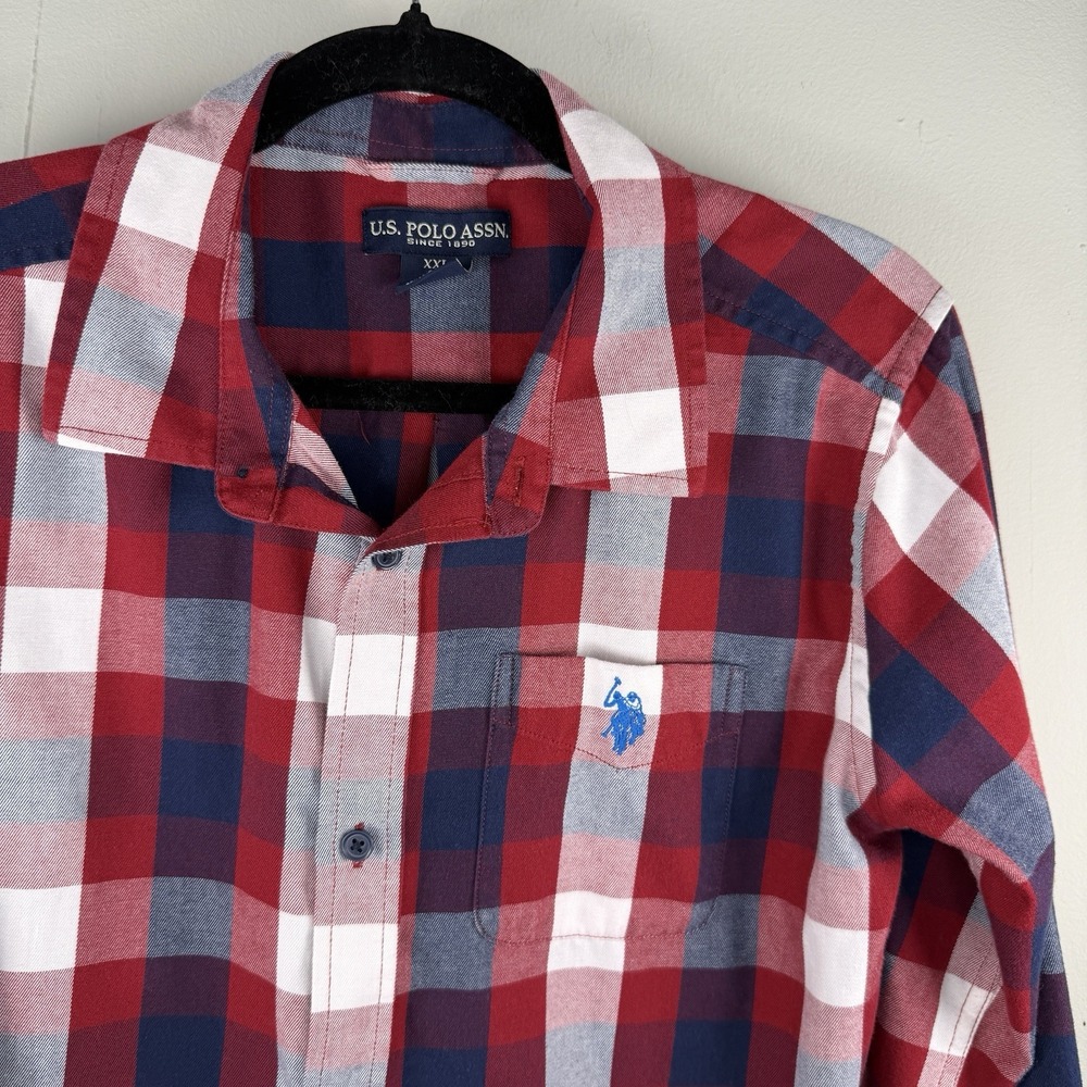 Us Polo Asso Shirt Boys Size 18 Red Blue Plaid Flannel Classic Fit Pocket Preppy - Picture 2 of 11